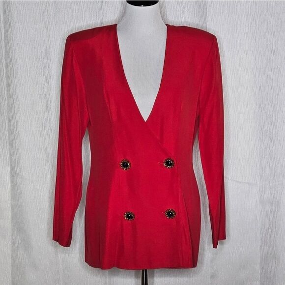 David Benjamin Vintage 80's Bold Red Double Breasted Tailored Fit Blazer Blouse - Picture 3 of 16